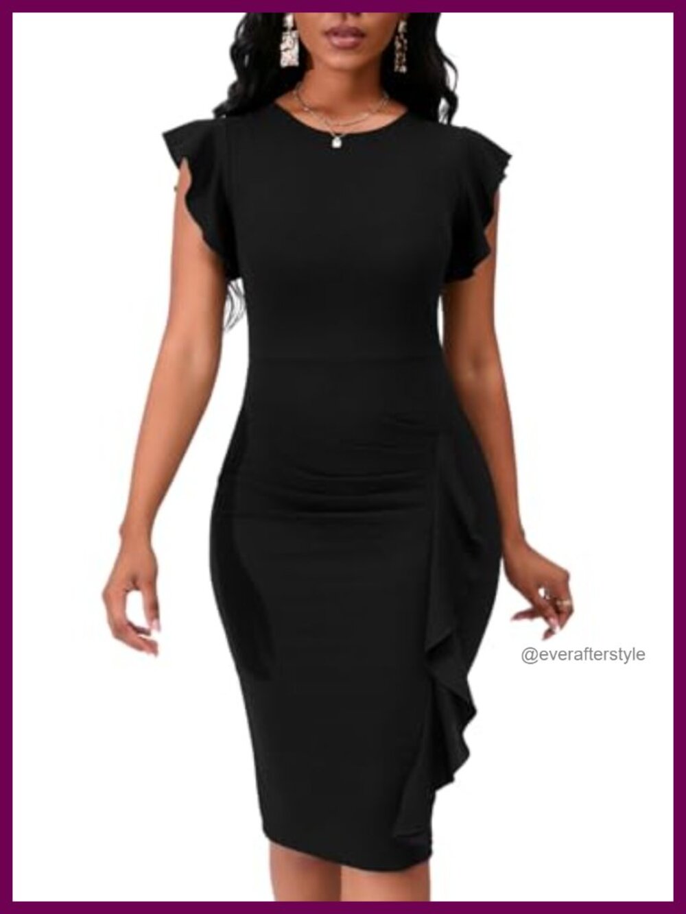 Flutter Sleeve Bodycon Midi Dress Ruffle Knit Work Cocktail Party Pencil